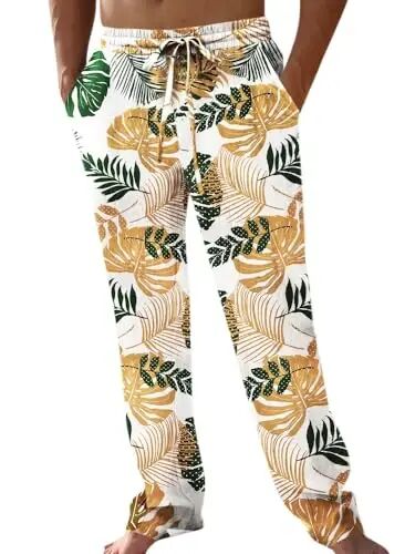 PASLTER Mens Casual Linen Pants Loose Fit Elastic Drawstring Waist Straight-Legs Summer Yoga Beach Long Pants - 1