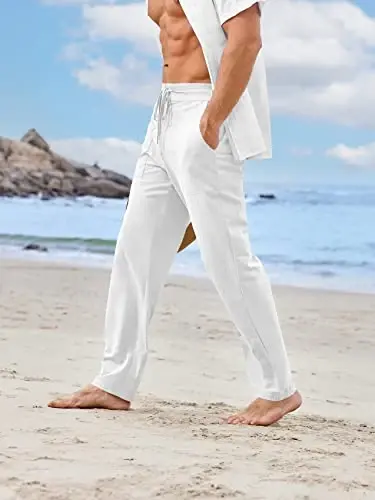 PASLTER Mens Casual Linen Pants Loose Fit Elastic Drawstring Waist Straight-Legs Summer Yoga Beach Long Pants - 3