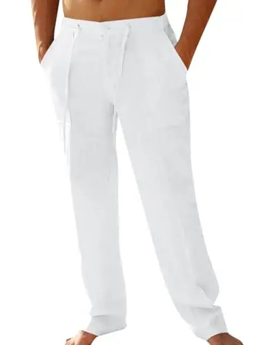 PASLTER Mens Casual Linen Pants Loose Fit Elastic Drawstring Waist Straight-Legs Summer Yoga Beach Long Pants 