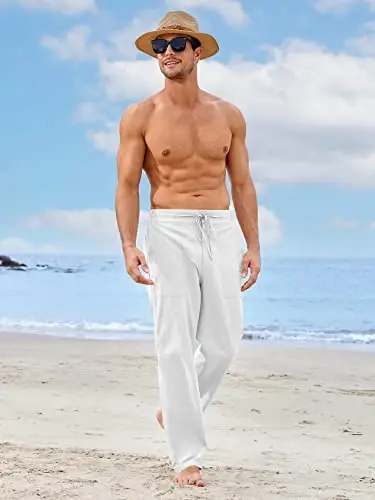PASLTER Mens Casual Linen Pants Loose Fit Elastic Drawstring Waist Straight-Legs Summer Yoga Beach Long Pants - PASLTER (1)