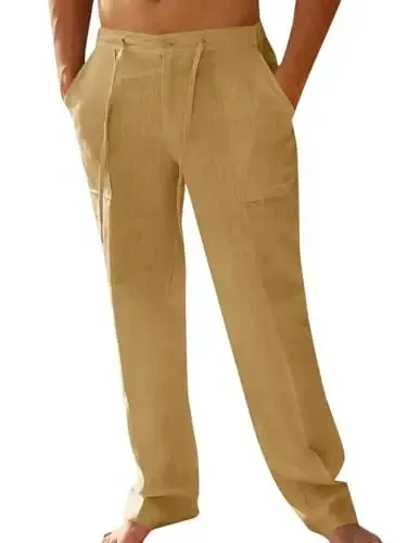 PASLTER Mens Casual Linen Pants Loose Fit Elastic Drawstring Waist Straight-Legs Summer Yoga Beach Long Pants - MODAZONE