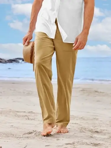 PASLTER Mens Casual Linen Pants Loose Fit Elastic Drawstring Waist Straight-Legs Summer Yoga Beach Long Pants - 8
