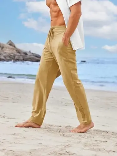 PASLTER Mens Casual Linen Pants Loose Fit Elastic Drawstring Waist Straight-Legs Summer Yoga Beach Long Pants - 9