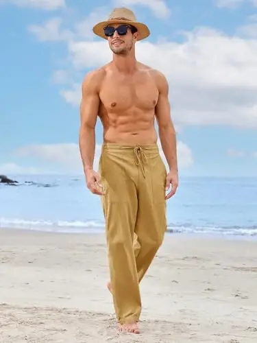 PASLTER Mens Casual Linen Pants Loose Fit Elastic Drawstring Waist Straight-Legs Summer Yoga Beach Long Pants - 10