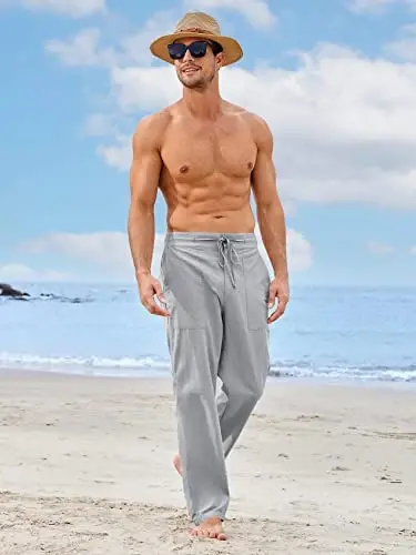 PASLTER Mens Casual Linen Pants Loose Fit Elastic Drawstring Waist Straight-Legs Summer Yoga Beach Long Pants - 2