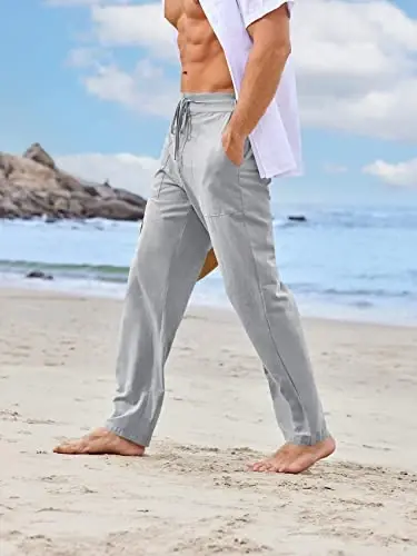 PASLTER Mens Casual Linen Pants Loose Fit Elastic Drawstring Waist Straight-Legs Summer Yoga Beach Long Pants - 3