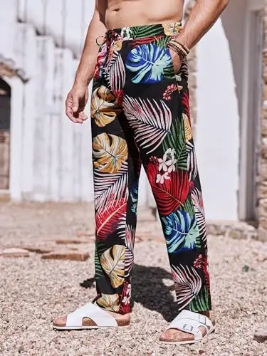 PASLTER Mens Casual Linen Pants Loose Fit Elastic Drawstring Waist Straight-Legs Summer Yoga Beach Long Pants - 3