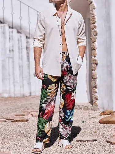 PASLTER Mens Casual Linen Pants Loose Fit Elastic Drawstring Waist Straight-Legs Summer Yoga Beach Long Pants - 4