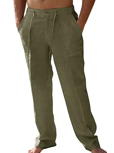 PASLTER Mens Casual Linen Pants Loose Fit Elastic Drawstring Waist Straight-Legs Summer Yoga Beach Long Pants - PASLTER