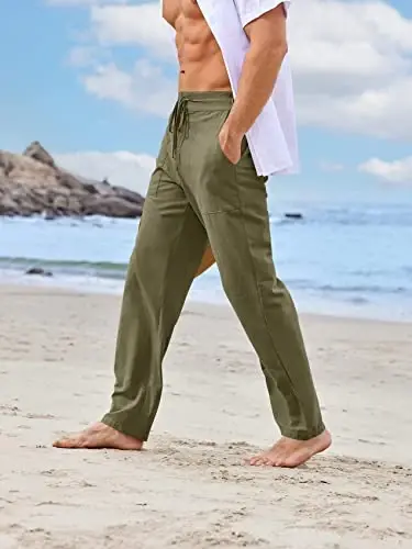 PASLTER Mens Casual Linen Pants Loose Fit Elastic Drawstring Waist Straight-Legs Summer Yoga Beach Long Pants - 8