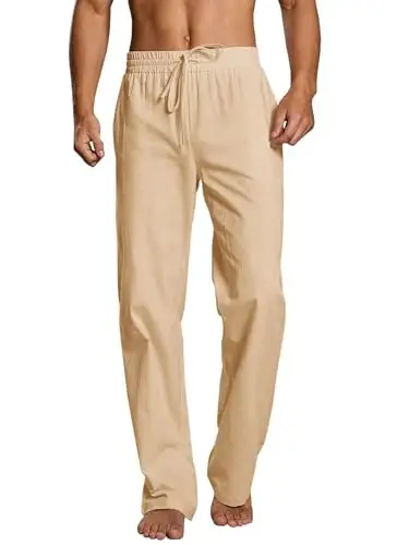 PASLTER Mens Casual Linen Pants Loose Fit Elastic Drawstring Waist Straight-Legs Summer Yoga Beach Long Pants - PASLTER