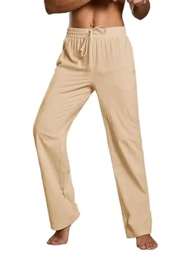 PASLTER Mens Casual Linen Pants Loose Fit Elastic Drawstring Waist Straight-Legs Summer Yoga Beach Long Pants - PASLTER (1)
