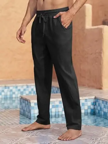 PASLTER Mens Casual Linen Pants Loose Fit Elastic Drawstring Waist Straight-Legs Summer Yoga Beach Long Pants - PASLTER (1)