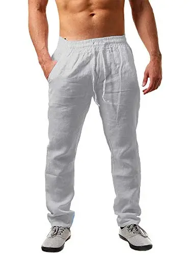PASLTER Mens Casual Linen Pants Loose Fit Elastic Drawstring Waist Straight-Legs Summer Yoga Beach Long Pants 