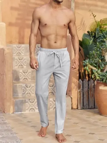 PASLTER Mens Casual Linen Pants Loose Fit Elastic Drawstring Waist Straight-Legs Summer Yoga Beach Long Pants - 4