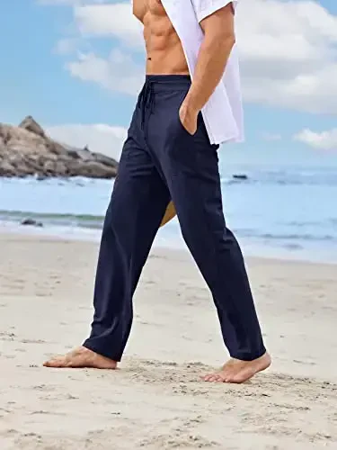 PASLTER Mens Casual Linen Pants Loose Fit Elastic Drawstring Waist Straight-Legs Summer Yoga Beach Long Pants - 3