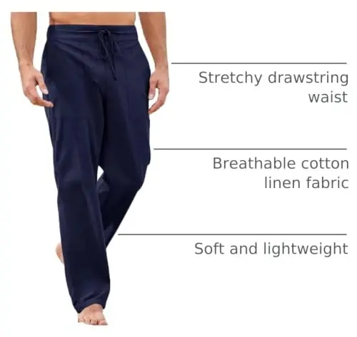 PASLTER Mens Casual Linen Pants Loose Fit Elastic Drawstring Waist Straight-Legs Summer Yoga Beach Long Pants - PASLTER (1)