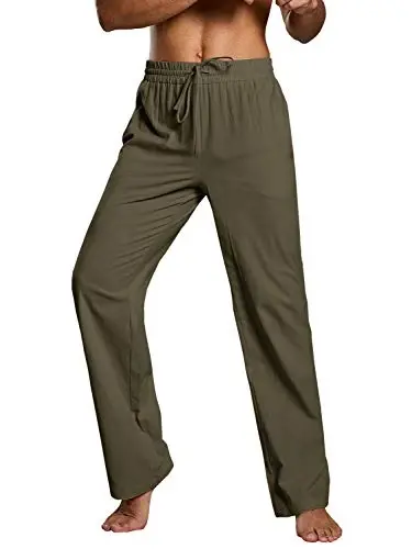 PASLTER Mens Casual Linen Pants Loose Fit Elastic Drawstring Waist Straight-Legs Summer Yoga Beach Long Pants - 2
