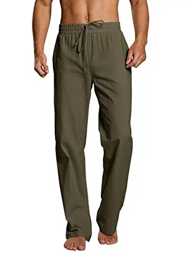 PASLTER Mens Casual Linen Pants Loose Fit Elastic Drawstring Waist Straight-Legs Summer Yoga Beach Long Pants - PASLTER
