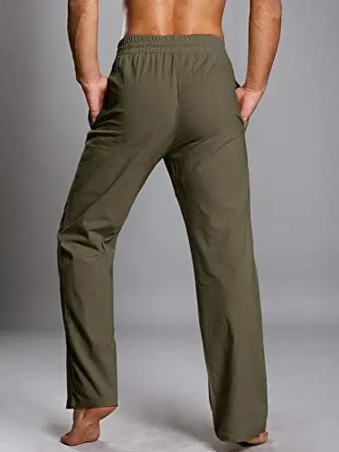 PASLTER Mens Casual Linen Pants Loose Fit Elastic Drawstring Waist Straight-Legs Summer Yoga Beach Long Pants - 5
