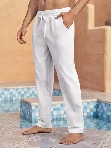 PASLTER Mens Casual Linen Pants Loose Fit Elastic Drawstring Waist Straight-Legs Summer Yoga Beach Long Pants - 2