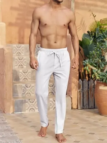 PASLTER Mens Casual Linen Pants Loose Fit Elastic Drawstring Waist Straight-Legs Summer Yoga Beach Long Pants - 10