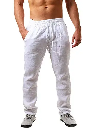 PASLTER Mens Casual Linen Pants Loose Fit Elastic Drawstring Waist Straight-Legs Summer Yoga Beach Long Pants - 1
