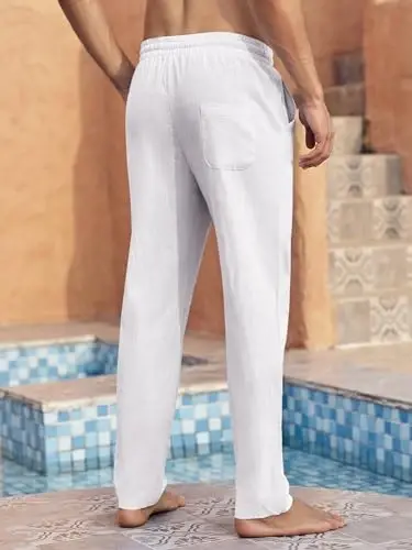 PASLTER Mens Casual Linen Pants Loose Fit Elastic Drawstring Waist Straight-Legs Summer Yoga Beach Long Pants - 3