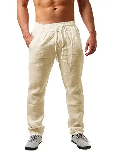 PASLTER Mens Casual Linen Pants Loose Fit Elastic Drawstring Waist Straight-Legs Summer Yoga Beach Long Pants - MODAZONE