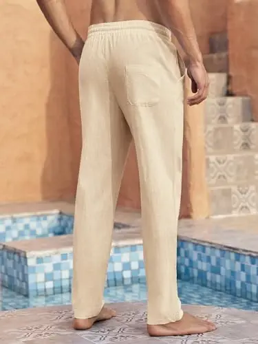 PASLTER Mens Casual Linen Pants Loose Fit Elastic Drawstring Waist Straight-Legs Summer Yoga Beach Long Pants - 3