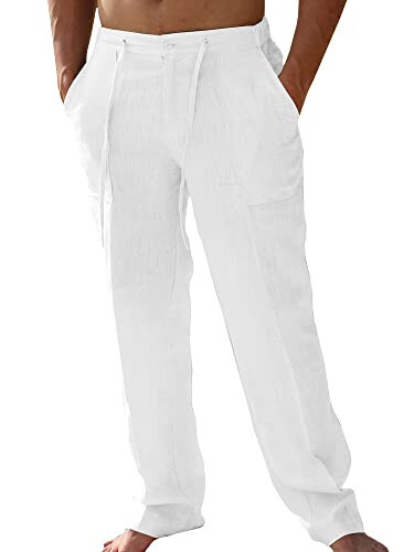 PASLTER Mens Casual Linen Pants Loose Fit Elastic Drawstring Waist Straight-Legs Summer Yoga Beach Long Pants - 2