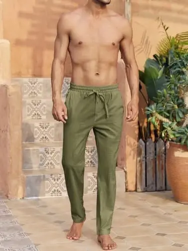 PASLTER Mens Casual Linen Pants Loose Fit Elastic Drawstring Waist Straight-Legs Summer Yoga Beach Long Pants - 4