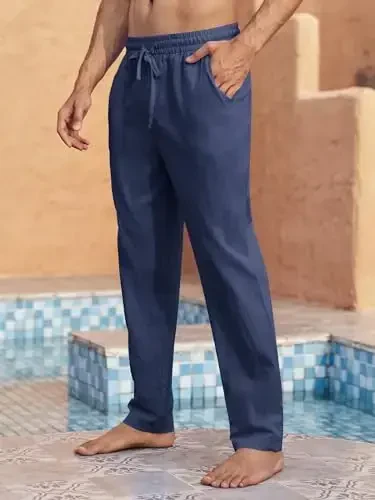 PASLTER Mens Casual Linen Pants Loose Fit Elastic Drawstring Waist Straight-Legs Summer Yoga Beach Long Pants - 2