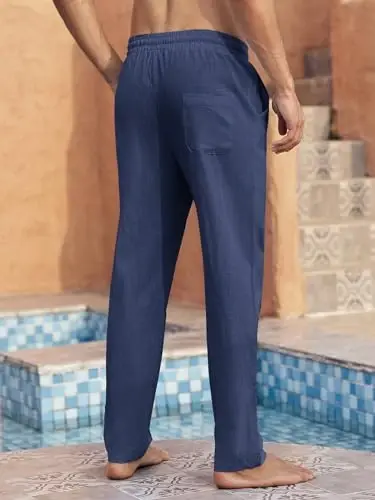 PASLTER Mens Casual Linen Pants Loose Fit Elastic Drawstring Waist Straight-Legs Summer Yoga Beach Long Pants - 3