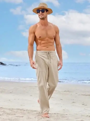 PASLTER Mens Casual Linen Pants Loose Fit Elastic Drawstring Waist Straight-Legs Summer Yoga Beach Long Pants - 6