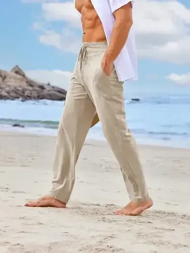 PASLTER Mens Casual Linen Pants Loose Fit Elastic Drawstring Waist Straight-Legs Summer Yoga Beach Long Pants - MODAZONE (1)