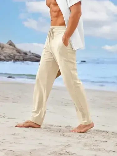 PASLTER Mens Casual Linen Pants Loose Fit Elastic Drawstring Waist Straight-Legs Summer Yoga Beach Long Pants - 7