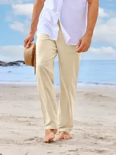 PASLTER Mens Casual Linen Pants Loose Fit Elastic Drawstring Waist Straight-Legs Summer Yoga Beach Long Pants - 2