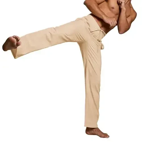 PASLTER Mens Casual Linen Pants Loose Fit Elastic Drawstring Waist Straight-Legs Summer Yoga Beach Long Pants - 4