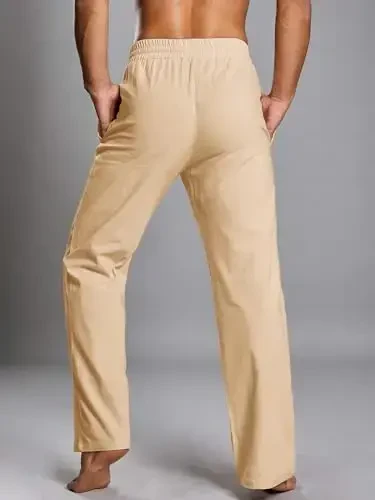 PASLTER Mens Casual Linen Pants Loose Fit Elastic Drawstring Waist Straight-Legs Summer Yoga Beach Long Pants - 5