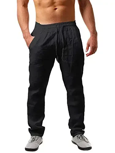 PASLTER Mens Casual Linen Pants Loose Fit Elastic Drawstring Waist Straight-Legs Summer Yoga Beach Long Pants - 1