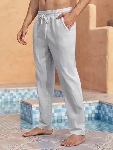 PASLTER Mens Casual Linen Pants Loose Fit Elastic Drawstring Waist Straight-Legs Summer Yoga Beach Long Pants - MODAZONE (1)