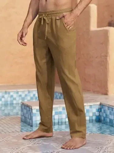 PASLTER Mens Casual Linen Pants Loose Fit Elastic Drawstring Waist Straight-Legs Summer Yoga Beach Long Pants - 2