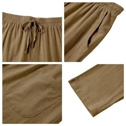 PASLTER Mens Casual Linen Pants Loose Fit Elastic Drawstring Waist Straight-Legs Summer Yoga Beach Long Pants - 5