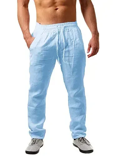 PASLTER Mens Casual Linen Pants Loose Fit Elastic Drawstring Waist Straight-Legs Summer Yoga Beach Long Pants - 1