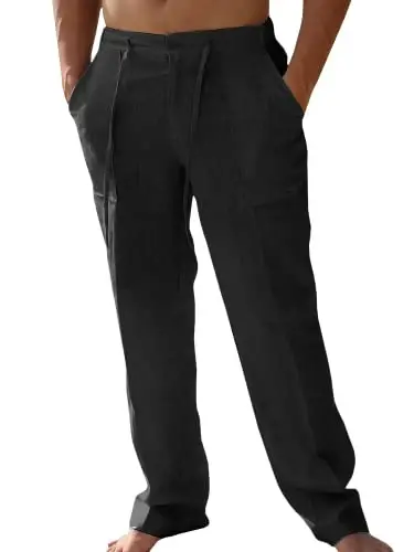 PASLTER Mens Casual Linen Pants Loose Fit Elastic Drawstring Waist Straight-Legs Summer Yoga Beach Long Pants - PASLTER
