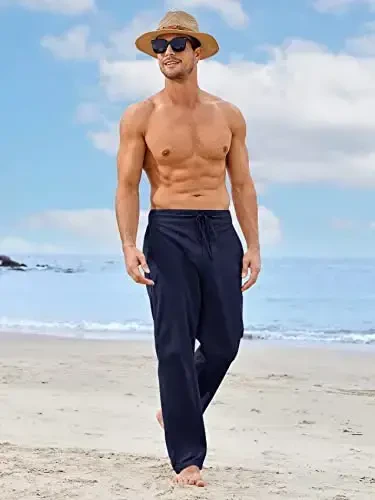PASLTER Mens Casual Linen Pants Loose Fit Elastic Drawstring Waist Straight-Legs Summer Yoga Beach Long Pants - 2