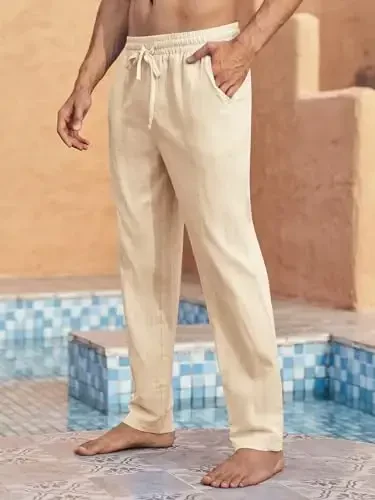 PASLTER Mens Casual Linen Pants Loose Fit Elastic Drawstring Waist Straight-Legs Summer Yoga Beach Long Pants - 2