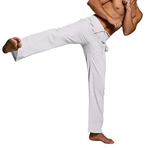 PASLTER Mens Casual Linen Pants Loose Fit Elastic Drawstring Waist Straight-Legs Summer Yoga Beach Long Pants - 3