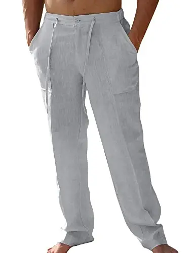 PASLTER Mens Casual Linen Pants Loose Fit Elastic Drawstring Waist Straight-Legs Summer Yoga Beach Long Pants - PASLTER